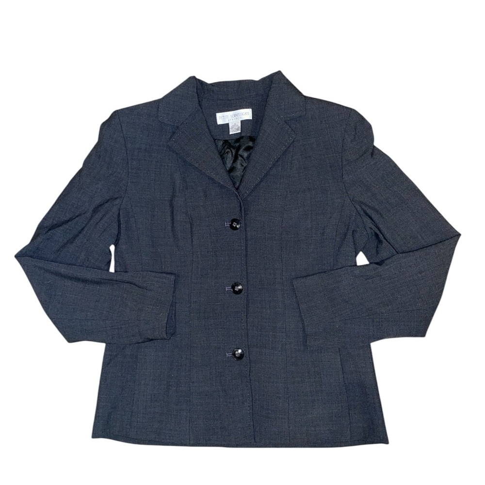 gray button up blazer with shoulder pads